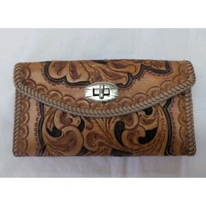 Brown Vintage Trifold‎ Leather Wallet Billfold Tooled Whipstitch Metal Clasp